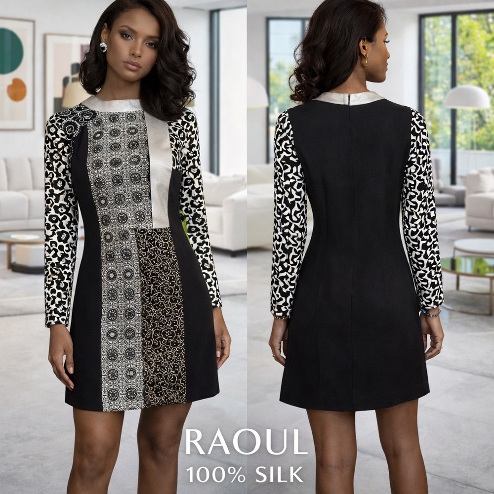 RAOUL 100% Silk Geo Panel Shift Dress Designer Mod Art Cocktail Dress Size XS/0